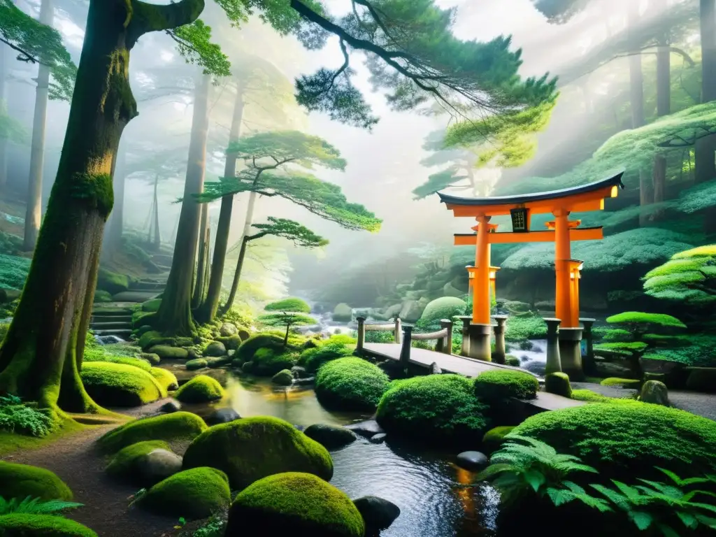 Sendero mistico en un bosque japonés con cedros, torii, santuario Shinto y arroyo, evocando la filosofía Shinto y tradiciones japonesas