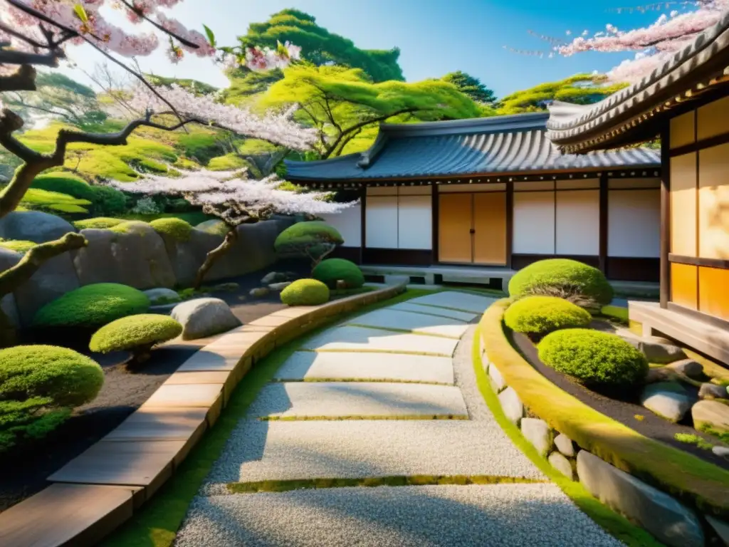 Sendero de piedra antiguo y exuberante en un jardín japonés, con dojos y naturaleza serena