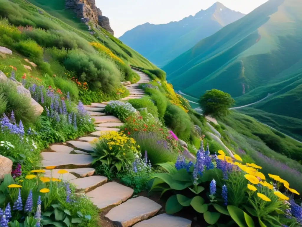 Un sendero de montaña serpenteante con obstáculos, rodeado de naturaleza exuberante y flores silvestres