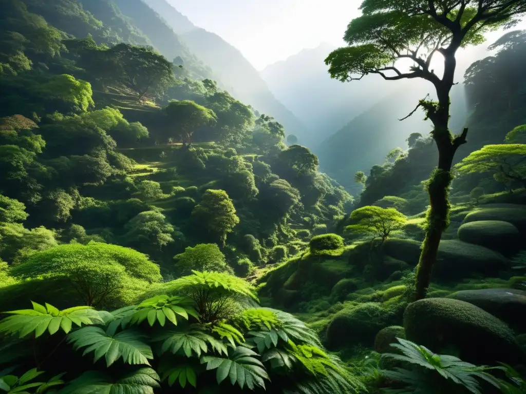 Sendero hacia la Unidad de la Existencia: Bosque sereno en el Himalaya, donde la luz juega entre las hojas, creando profunda tranquilidad