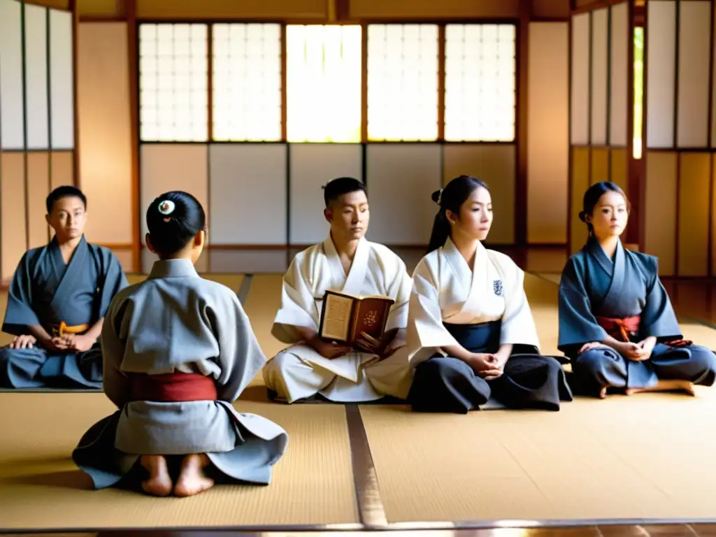 Sensei enseña estrategias didácticas libro cinco anillos a estudiantes en dojo tradicional