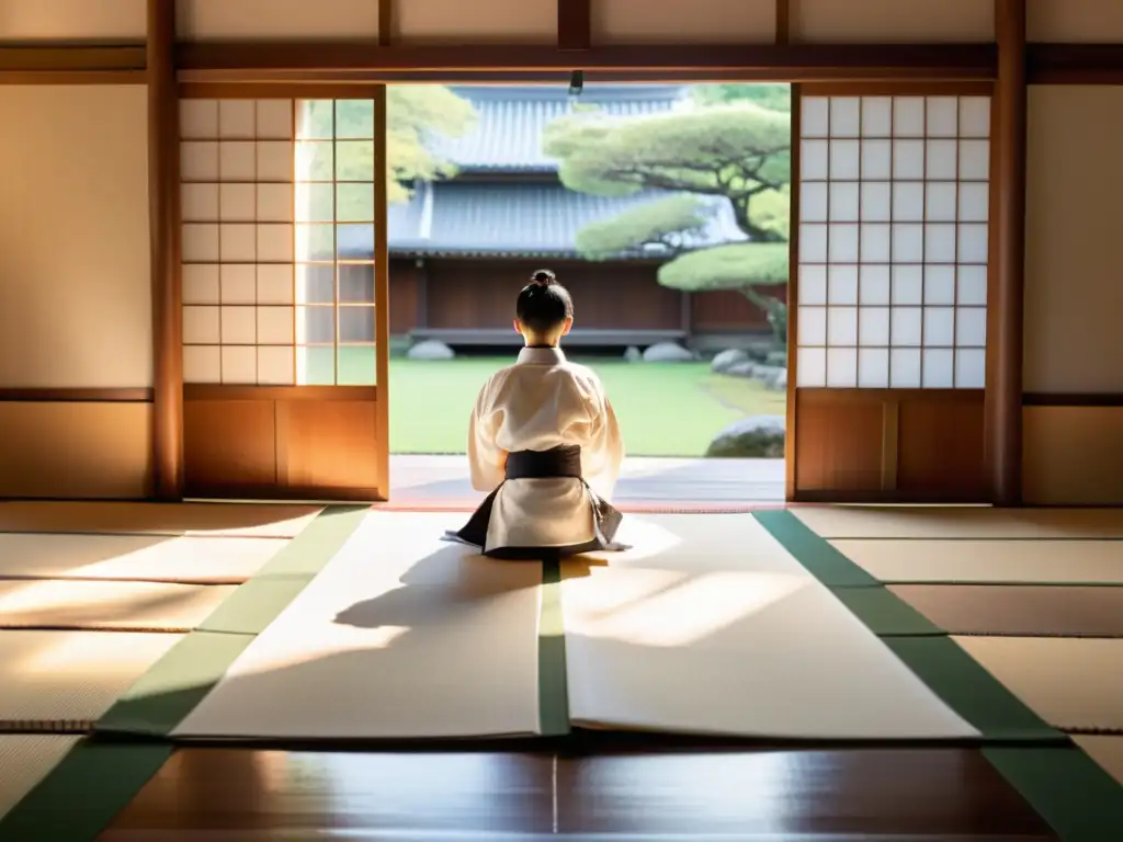 Sensei y estudiantes practican en un dojo japonés, irradiando ética samurái e influencia en valores educativos contemporáneos