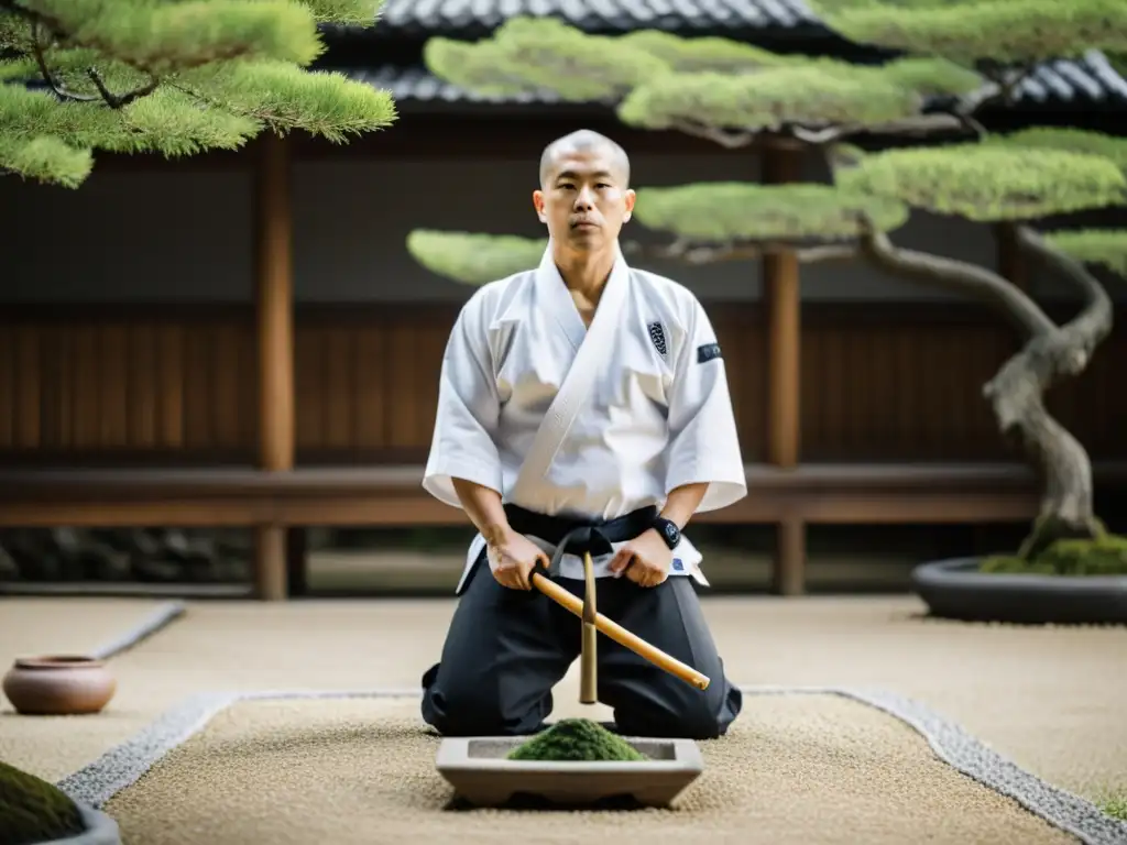 Un Sensei y sus estudiantes en un jardín zen, mostrando respeto y disciplina