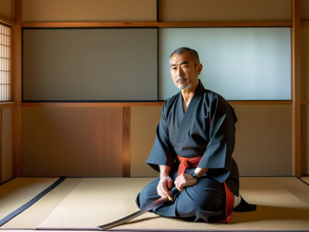 Un sensei experimentado en traje japonés tradicional, en seiza con un katana