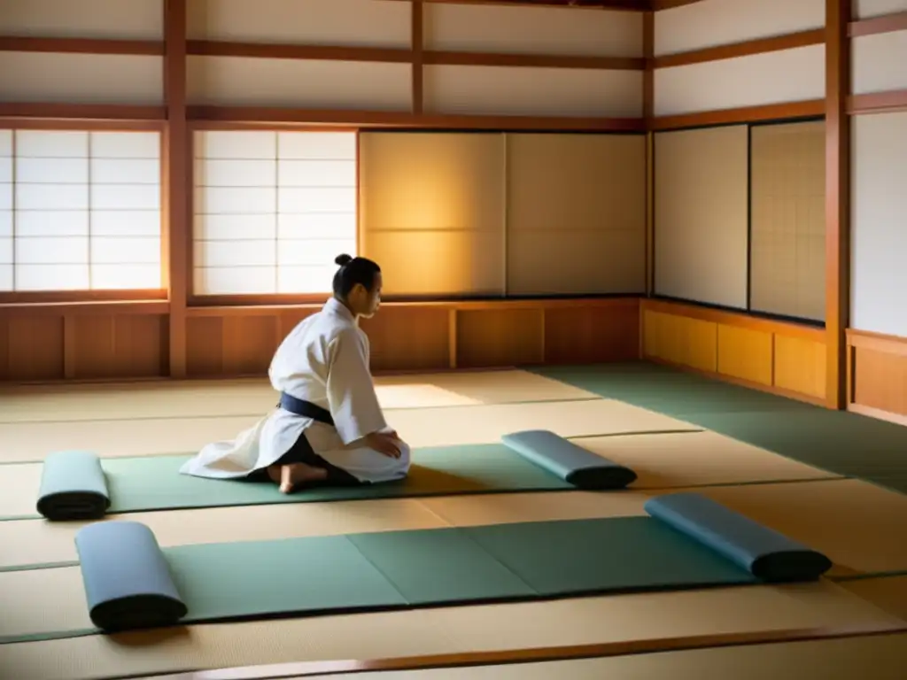 El sensei ejecuta una técnica fluida de Aikido en un dojo tranquilo y soleado, mientras los estudiantes observan atentamente