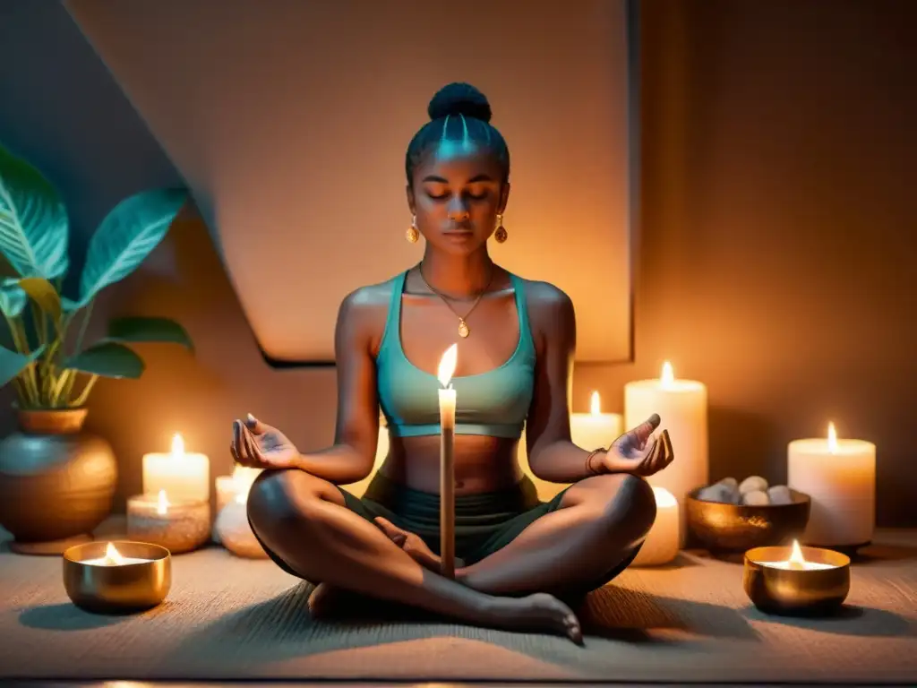 Un ser en meditación, rodeado de luz de velas e incienso, entonando mantras curativos para sanar cuerpo y alma