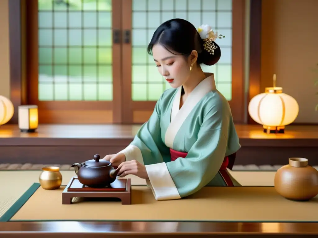 Una serena ceremonia del té coreano tradicional, con un maestro vestido elegantemente conduciendo el antiguo ritual con gracia