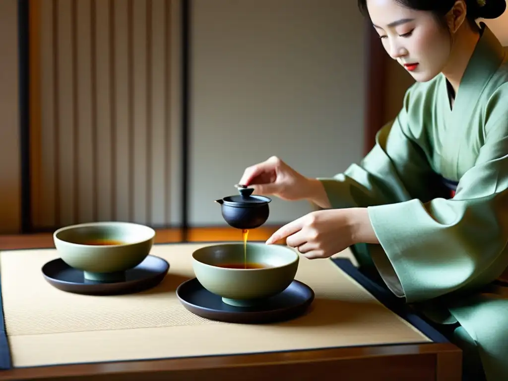 Una serena ceremonia del té coreano tradicional en un entorno minimalista, destacando la gracia y la tranquilidad