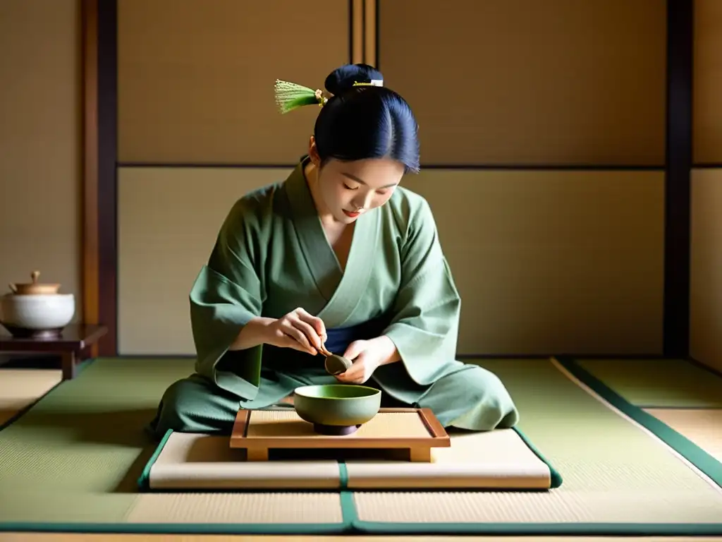 Una serena ceremonia del té en Asia, capturando la elegancia de un ritual japonés en una hermosa sala de tatami