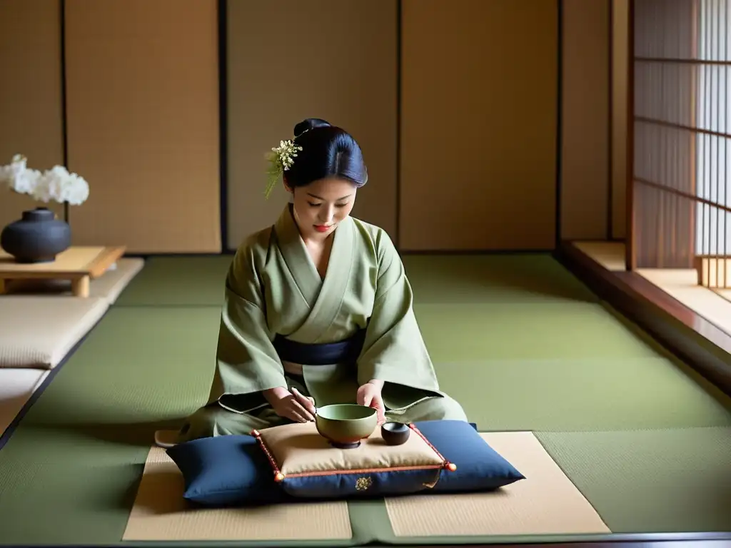 En una serena habitación tatami, una ceremonia del té japonesa se lleva a cabo con precisión, expresando su profundo significado cultural y artístico