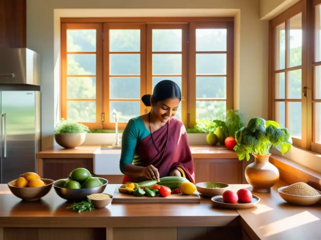 Preparación serena de comida sátvica en cocina iluminada por el sol, con frutas, verduras y granos coloridos