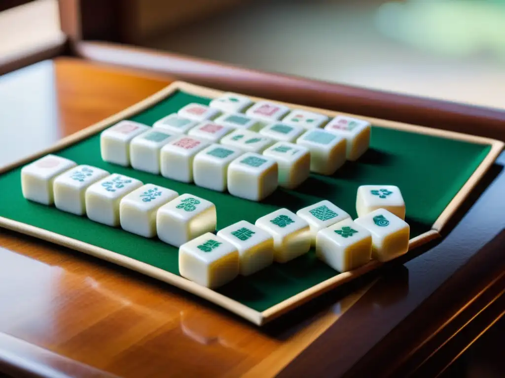 Una fotografía serena que captura la disposición de las fichas de Mahjong en una mesa de madera tradicional, iluminada por luz natural