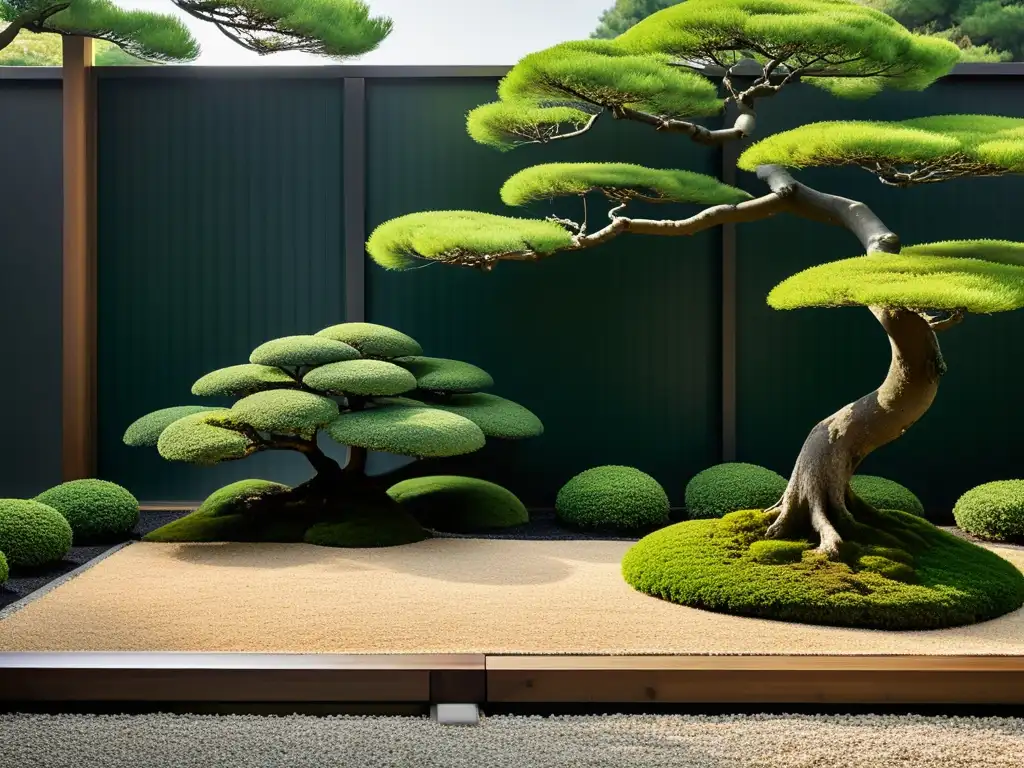 Una serena estampa de jardín japonés con estética Zen moda alta gama, destacando la armonía y la tranquilidad de la escena