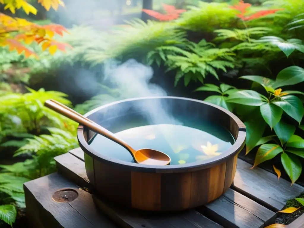 Una serena fuente termal japonesa rodeada de exuberante vegetación otoñal