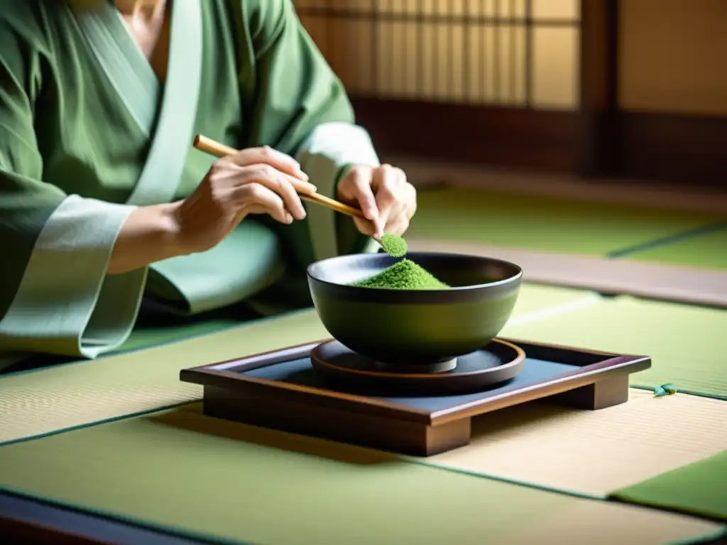 En una serena habitación japonesa, un maestro de té prepara matcha con precisión, evocando armonía y equilibrio