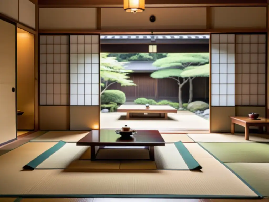 Una serena habitación japonesa con puertas corredizas, tatamis y mesas bajas de té