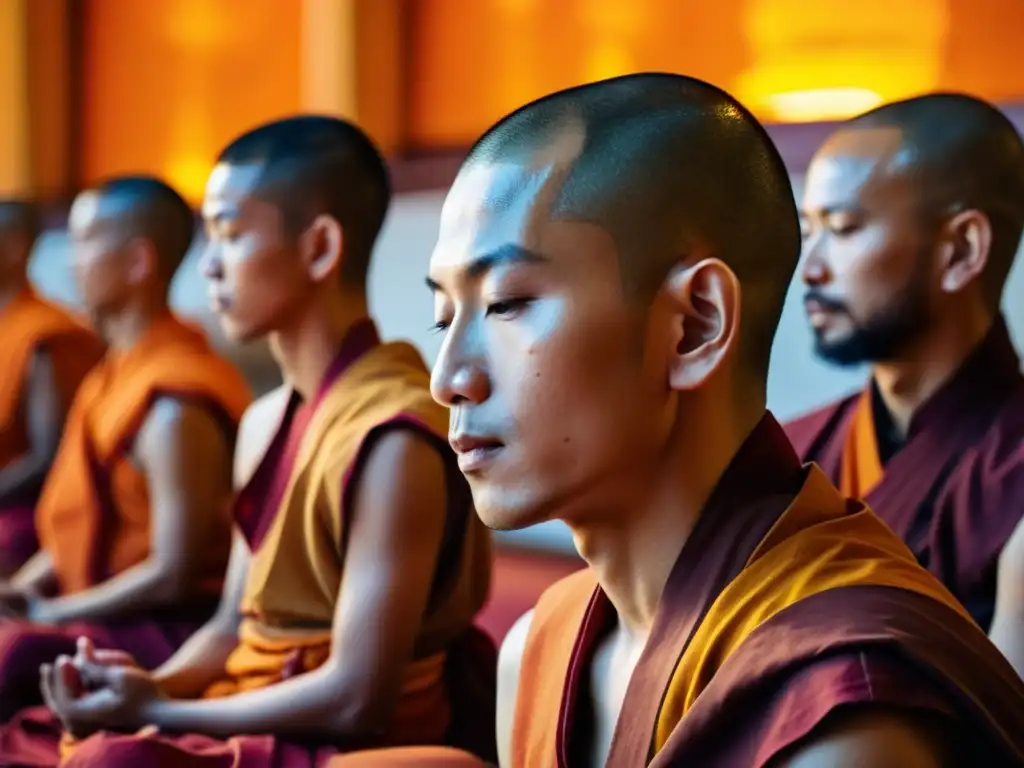 Contemplación serena de monjes budistas en un salón de meditación con la palabra clave 'Variantes del Budismo: Una exploración profunda'