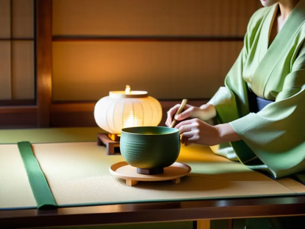 En una serena sala de tatami, se celebra un ritual del té en Japón