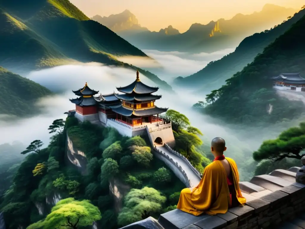 Serena fusión de Chan Budismo y Taoísmo en paisaje montañoso de China, con monjes en meditación y templo tradicional entre la niebla