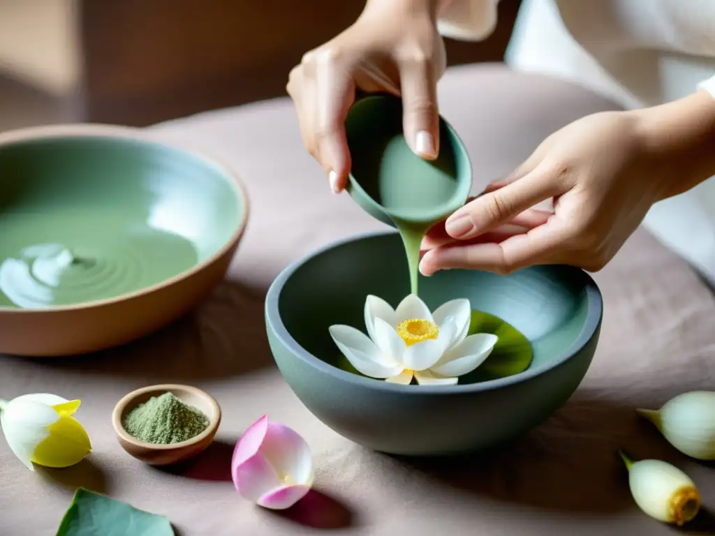 Preparación serena de tratamiento piel con beneficios flor de loto, reflejando pureza y cuidado natural