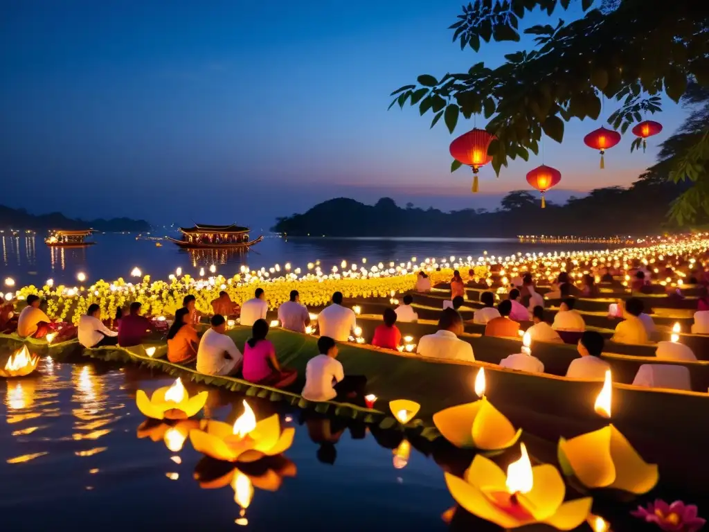 La serenidad del Festival de Loy Krathong: meditación en el río al atardecer con miles de krathongs iluminados flotando en el agua