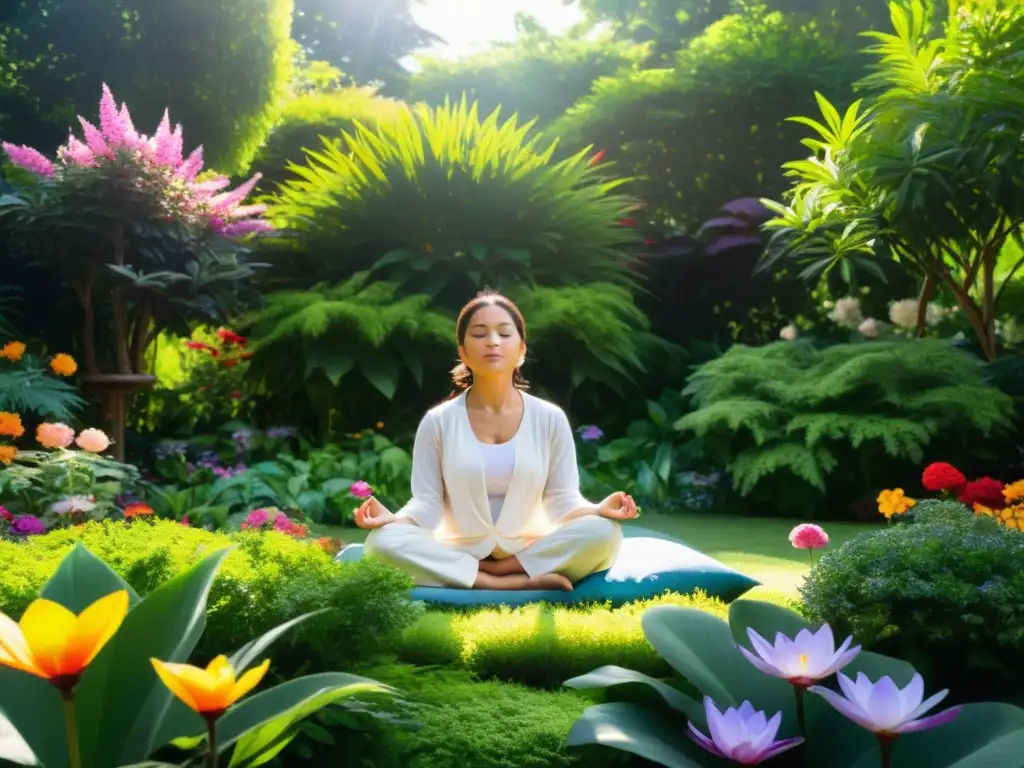 Jardín de meditación con serenidad, sol y naturaleza, cultivando amor benevolente a través de la meditación Metta