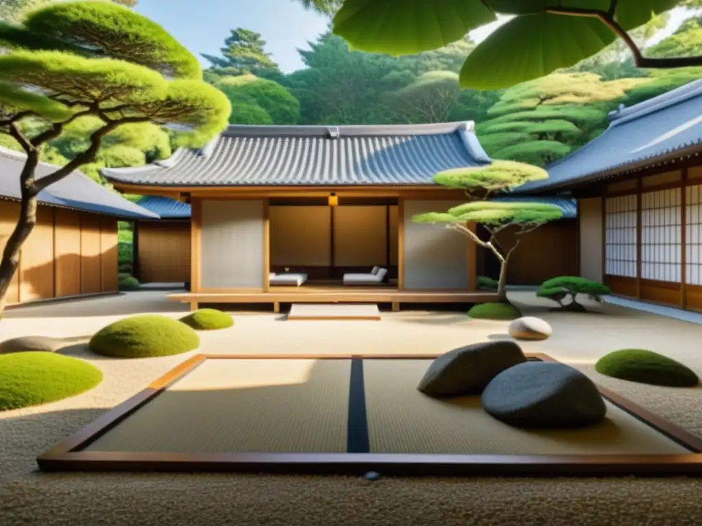 Jardines Zen meditación samurai en sereno ambiente japonés con naturaleza exuberante y estructura tradicional de madera