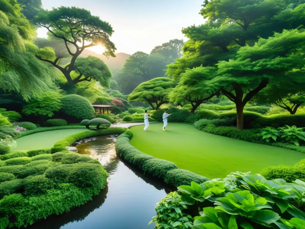 Fusión Tai Chi Meditación Fluir: Jardín sereno con arroyo, verdor exuberante y personas practicando Tai Chi en armonía con la naturaleza