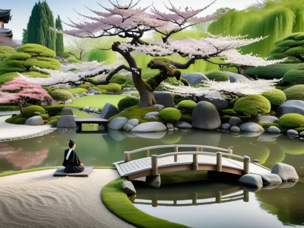 Un sereno jardín Zen en blanco y negro con rocas, un puente y una figura meditando bajo un cerezo en flor