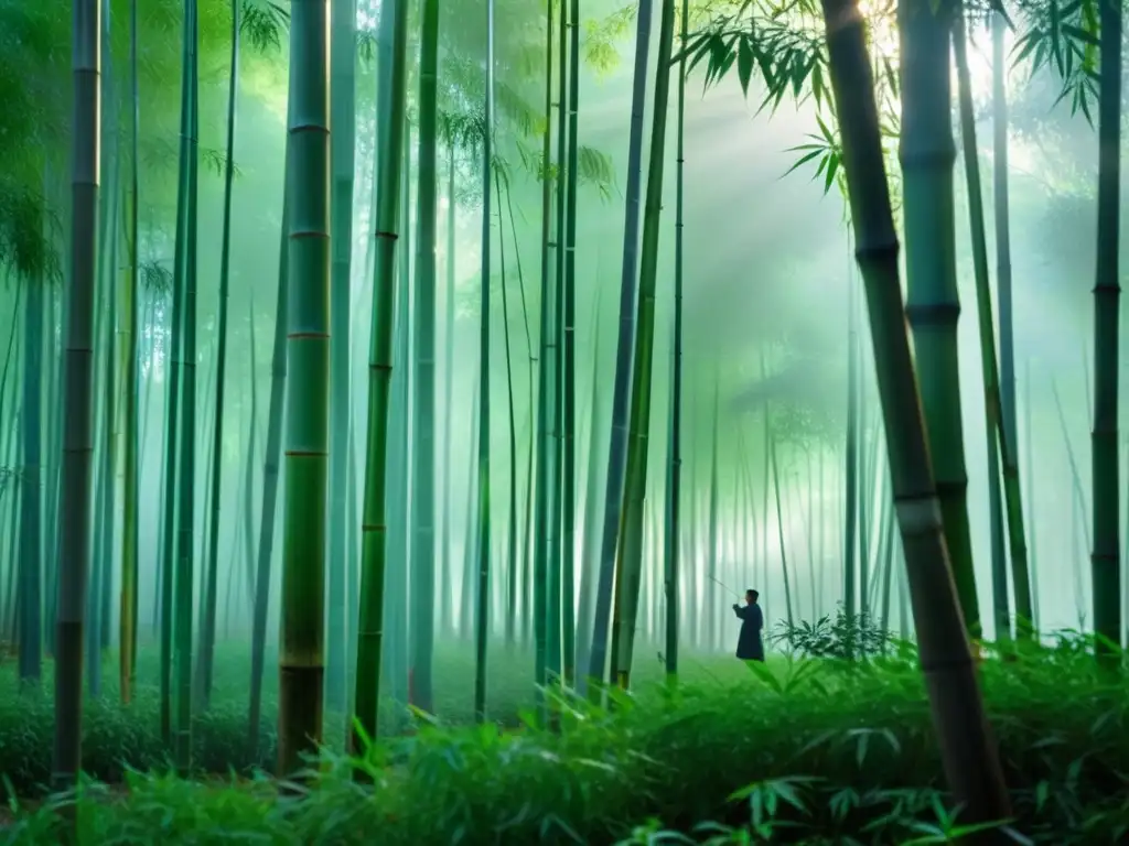 Práctica de tai chi en un sereno bosque de bambú al amanecer, reflejando la Filosofía Asiática en Estrategias de Inversión