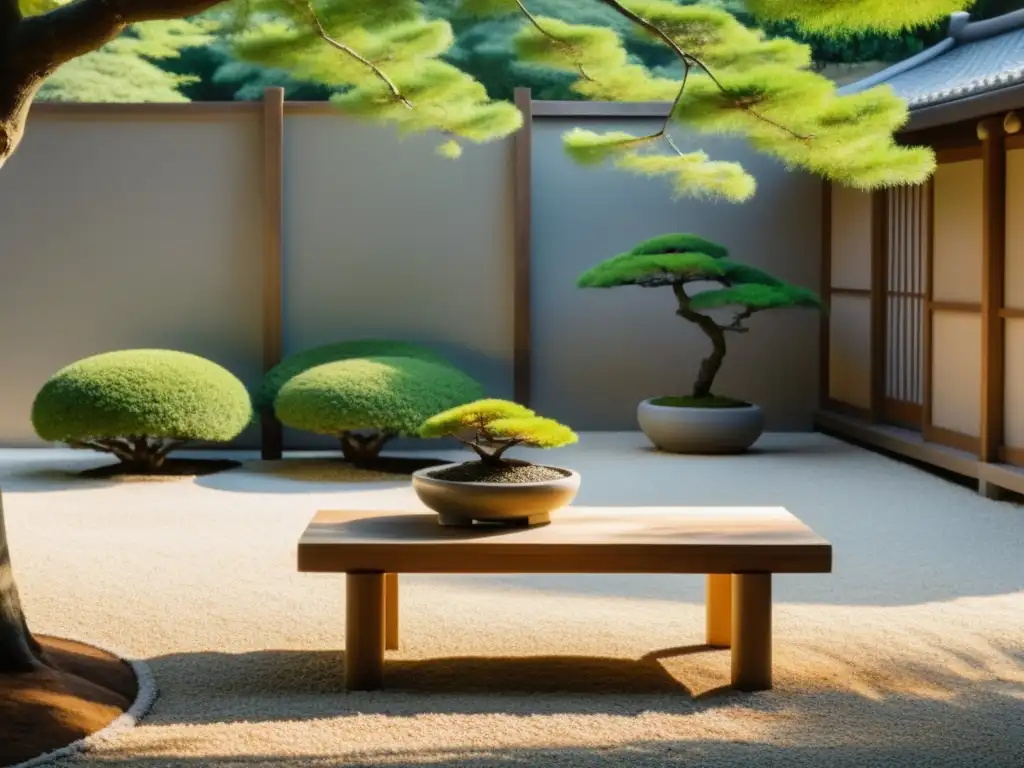 Jardín japonés sereno con bonsái en el centro, luz matutina suave y banco de madera