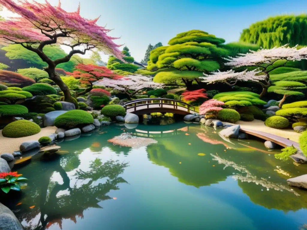 Jardín japonés sereno con koi nadando y cerezos en flor, perfecto para estrategias de inversión inspiradas en la filosofía asiática