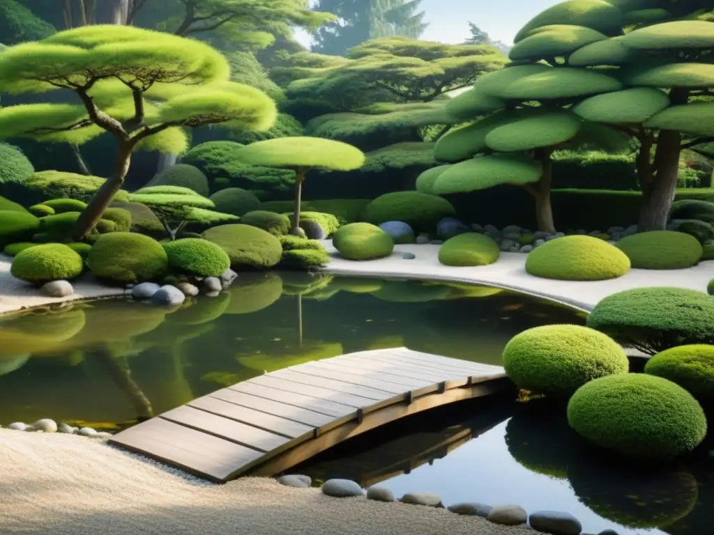 Jardín japonés sereno con diseño minimalista, reflejando armonía y equilibrio