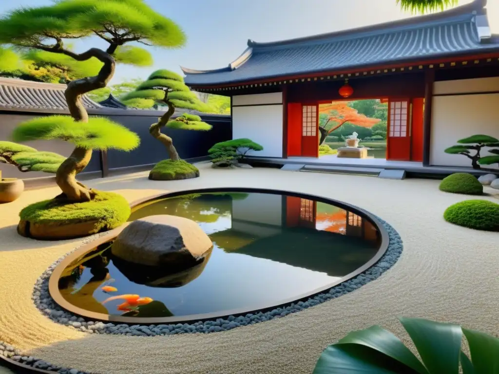 Un jardín Zen sereno con enfoque directo a la iluminación Zen, koi nadando y un pagoda en el fondo, invita a la meditación