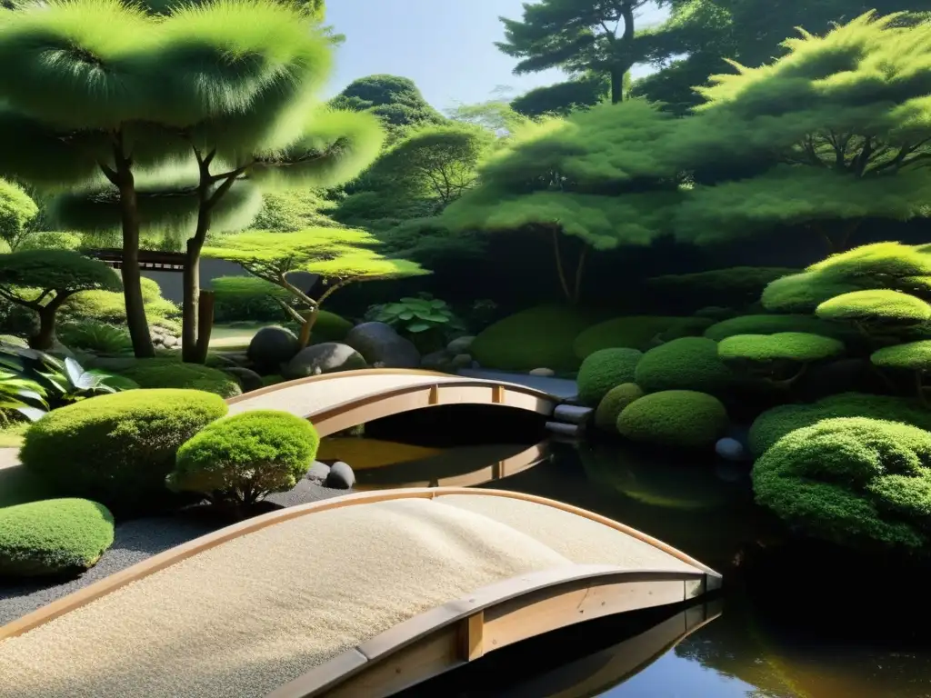 Un jardín Zen sereno con un estanque, rocas y un puente de madera, ideal para estudiar MBA en ambientes tranquilos