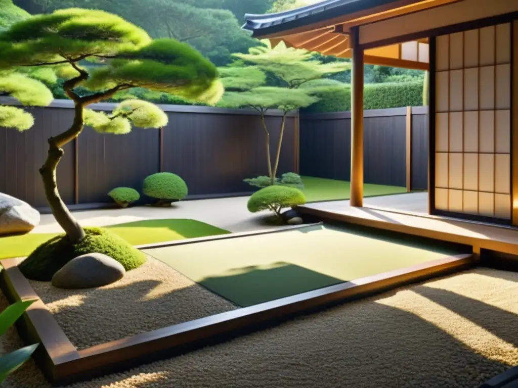 Jardín Zen sereno y exuberante con estructura japonesa tradicional