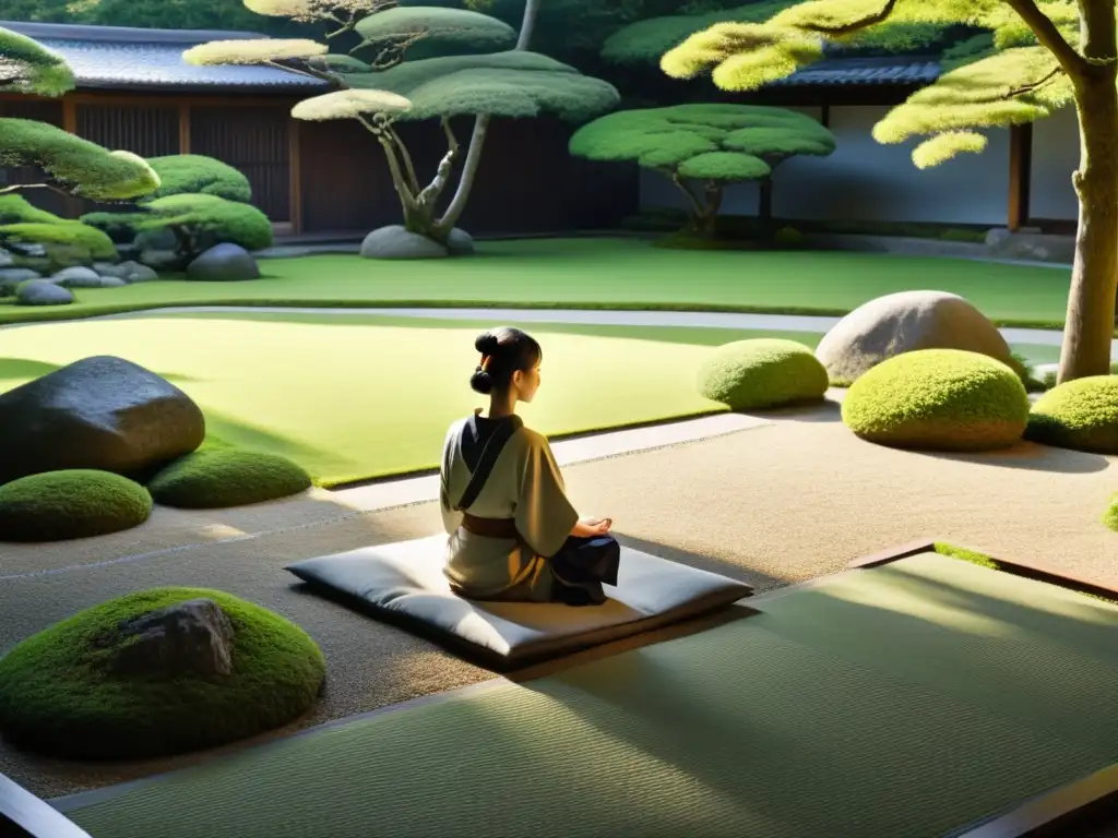 Jardín zen sereno con figura meditando, transmitiendo los beneficios de la meditación zen en la tranquilidad del vacío