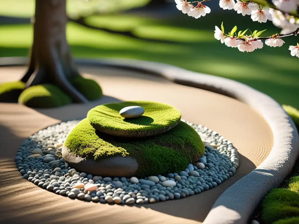 Jardín Zen sereno con grava, estanque, rocas y árbol de cerezo