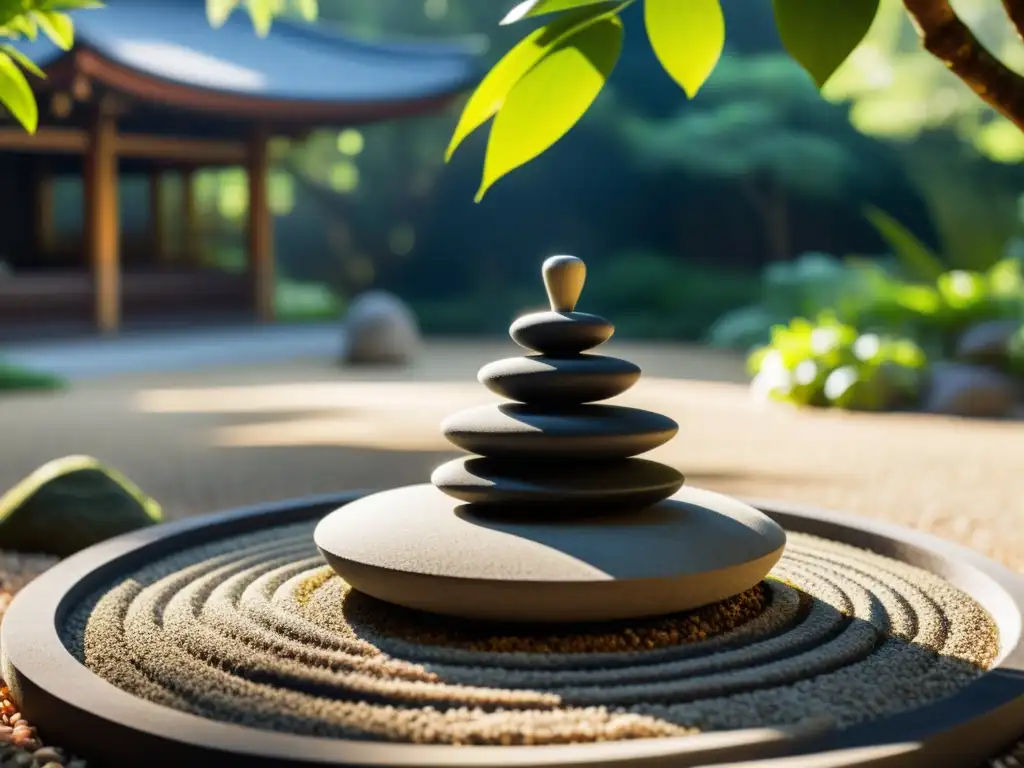 Un jardín Zen sereno con grava cuidadosamente rastrillada, rocas y vegetación exuberante, irradiando una atmósfera de tranquilidad y meditación