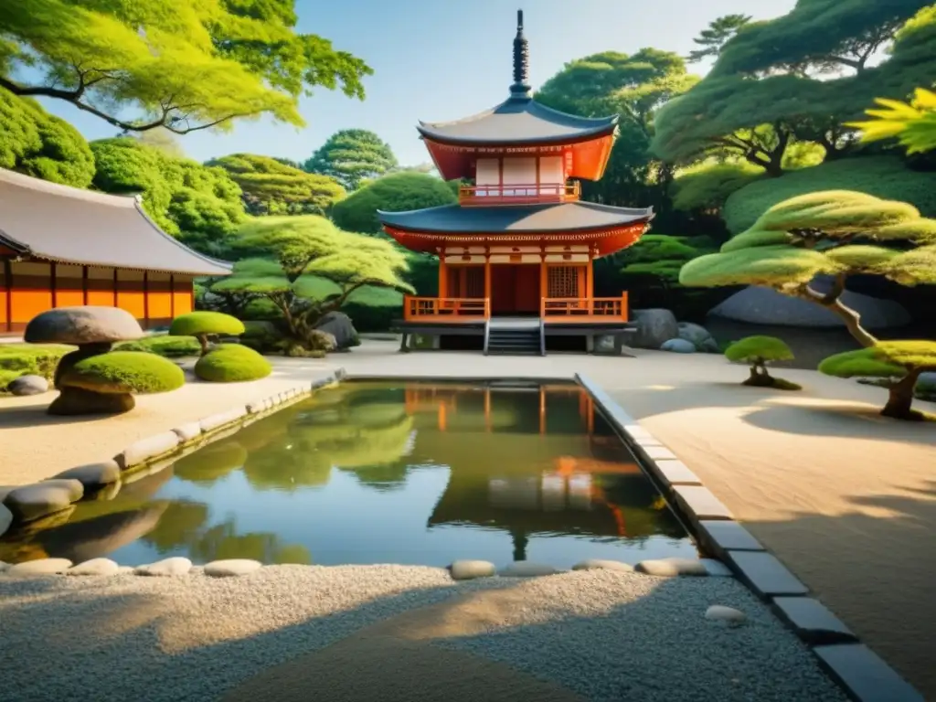 Un jardín Zen sereno con grava cuidadosamente rastrillada, rocas colocadas con esmero y exuberante vegetación alrededor de un tranquilo estanque