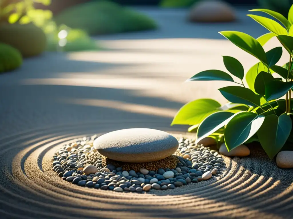 Un jardín Zen sereno con grava rastrillada, rocas y vegetación