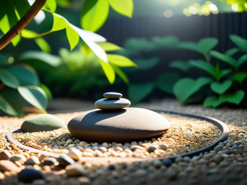 Un jardín Zen sereno con grava rastrillada, rocas y exuberante vegetación