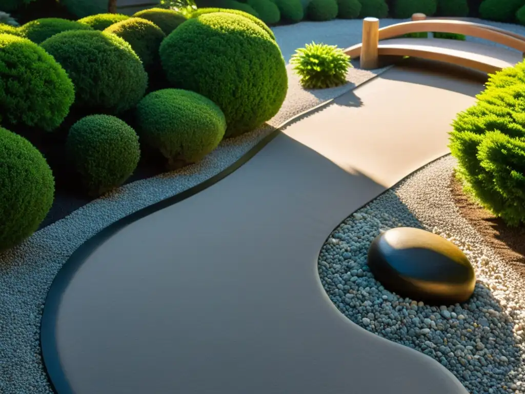 Un jardín zen sereno con grava y rocas meticulosamente colocadas, bañado por la luz del sol