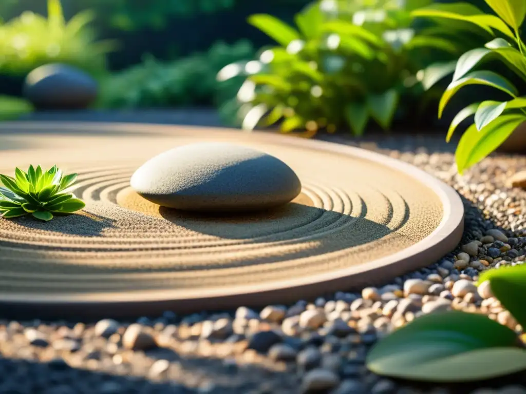 Jardín Zen sereno con gravilla y rocas, rodeado de vegetación exuberante y flores vibrantes