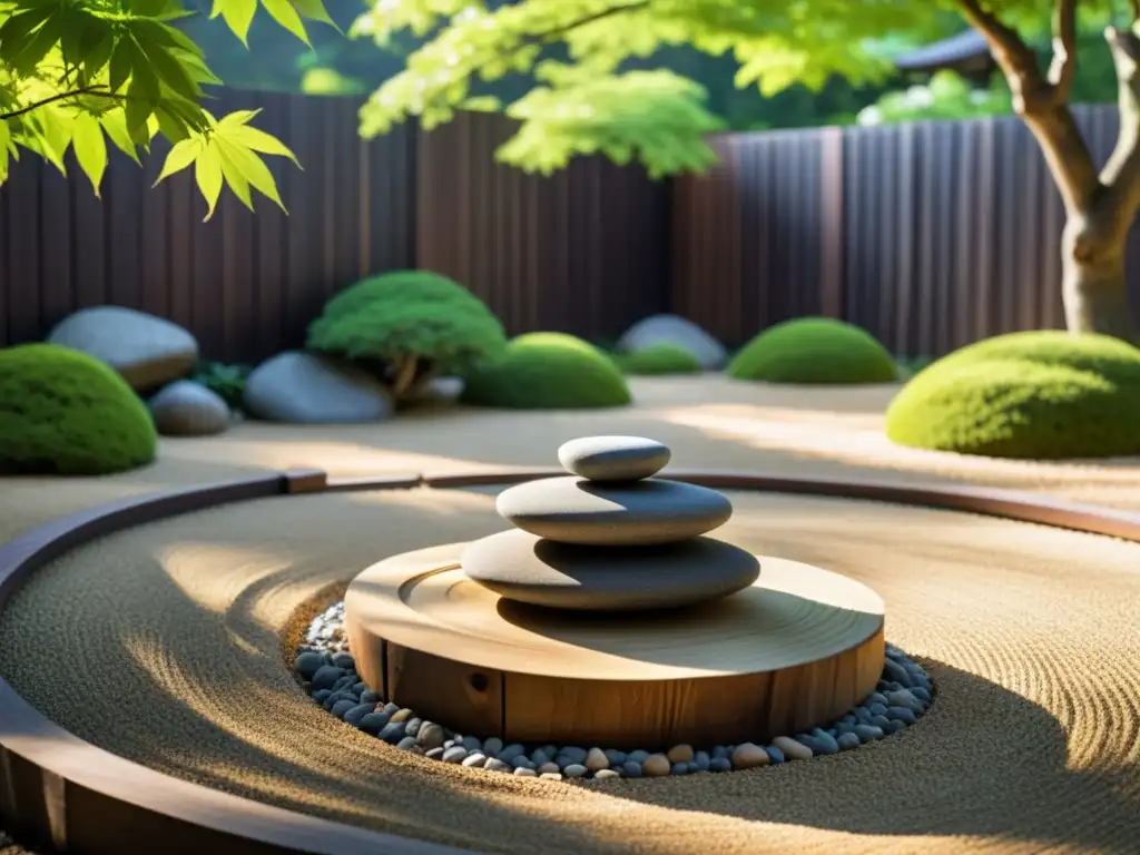 Jardín zen sereno con gravilla, rocas y vegetación, rodeado de valla de madera japonesa