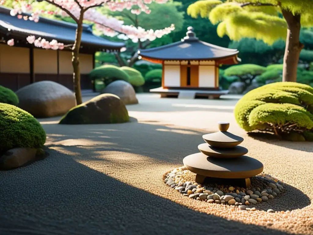 Un jardín Zen sereno en Kyoto, Japón, con luz solar filtrándose entre los árboles en flor y un arroyo