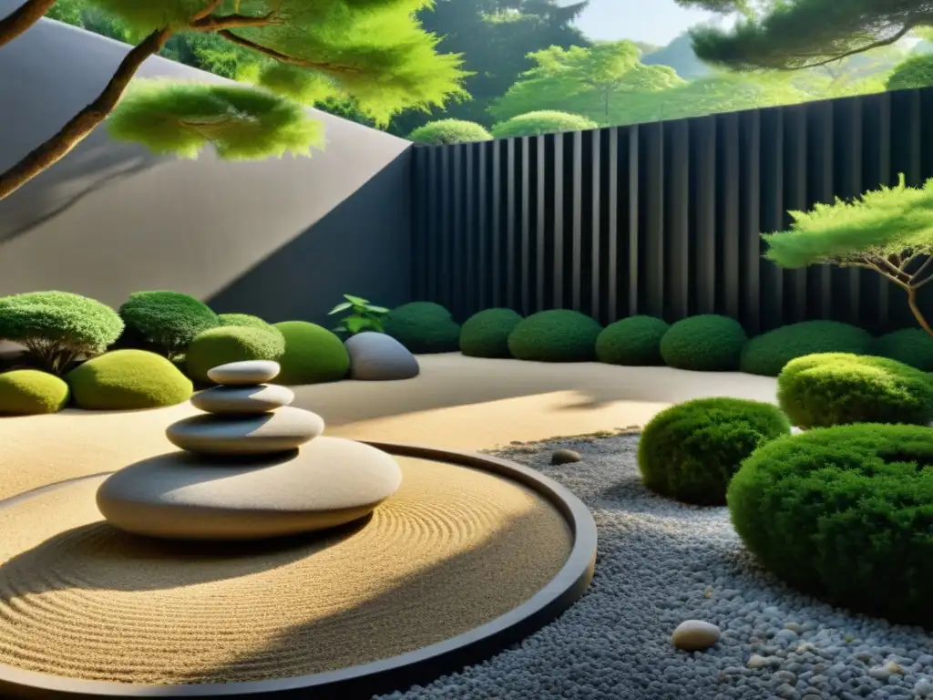 Un jardín zen sereno y meticuloso con rocas y vegetación, bañado por la suave luz de la mañana