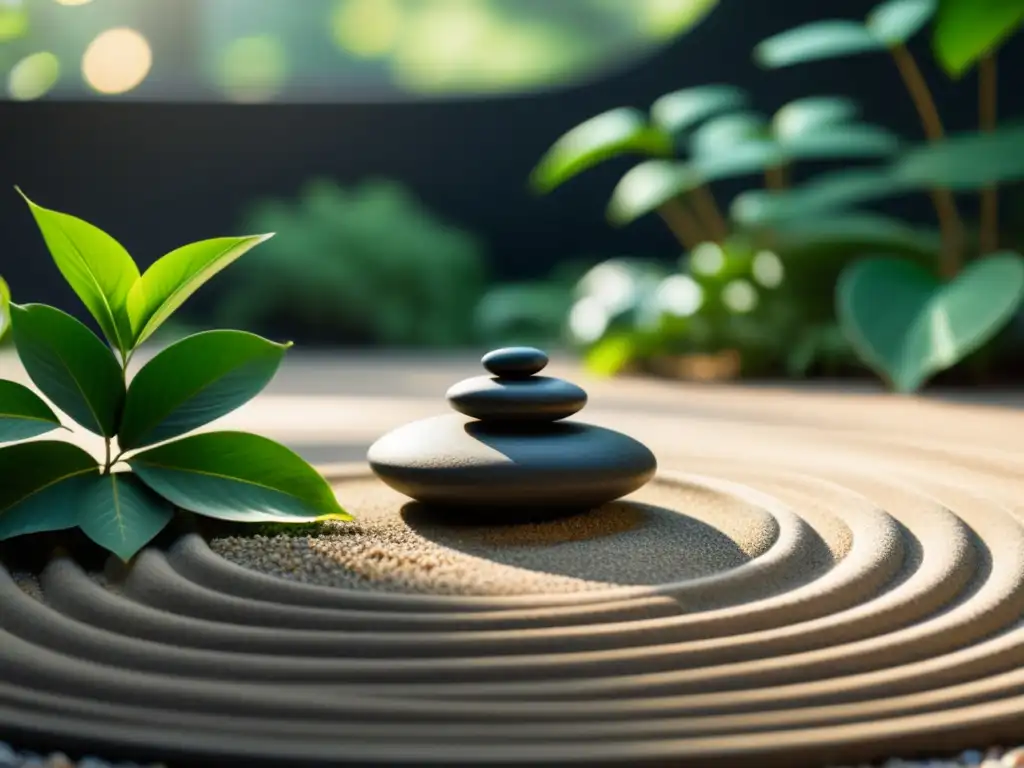 Un jardín zen sereno y minimalista con grava, rocas y vegetación exuberante