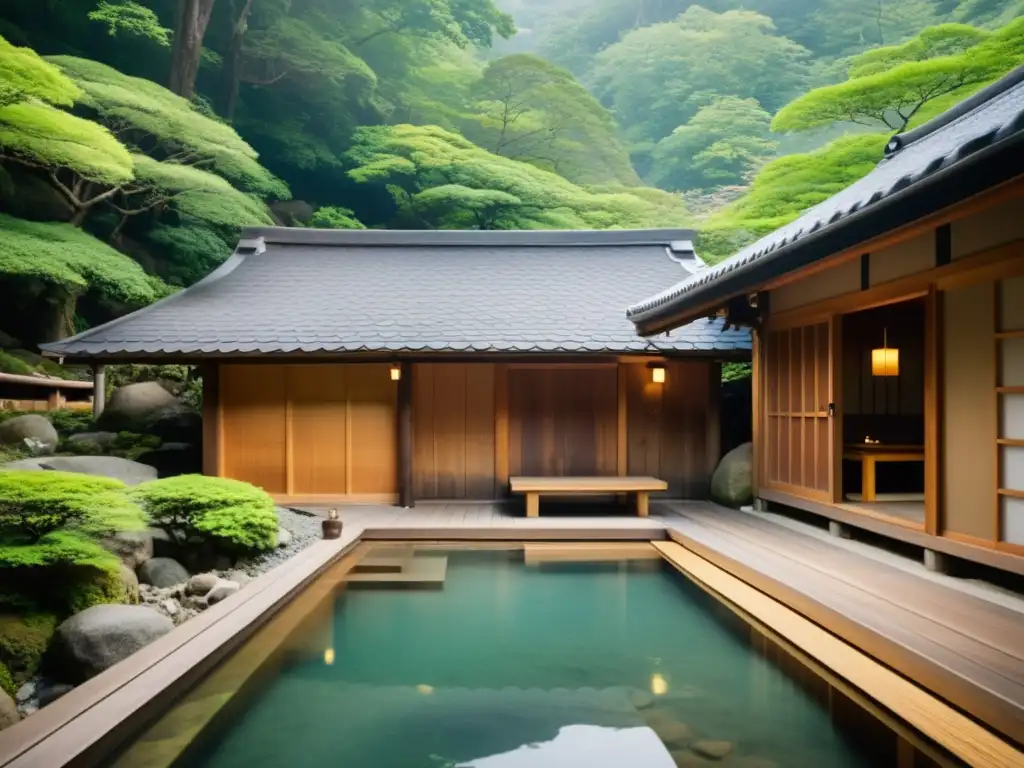 Sereno onsen japonés en la montaña, con aguas cristalinas y vapor, exuda tranquilidad y sabiduría ancestral