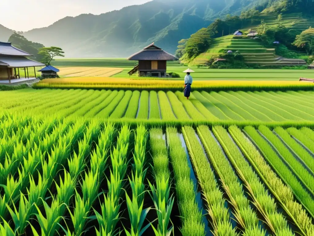 Un sereno paisaje de arrozales en Japón, con una granja tradicional y un agricultor en atuendo típico